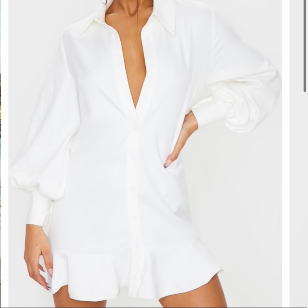 Lani the Label white button down long sleeve dress with ruffle on bottom